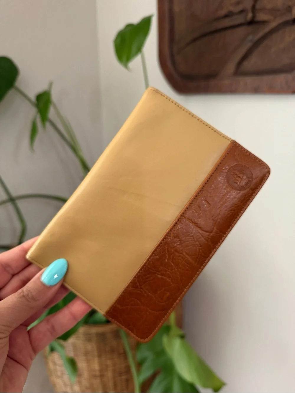 Vintage Leather Passport Holder Travel Wallet Tan Brown Sailboat Logo